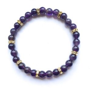 6mm Amethyst Healing Crystal Stretch Bracelet Gold